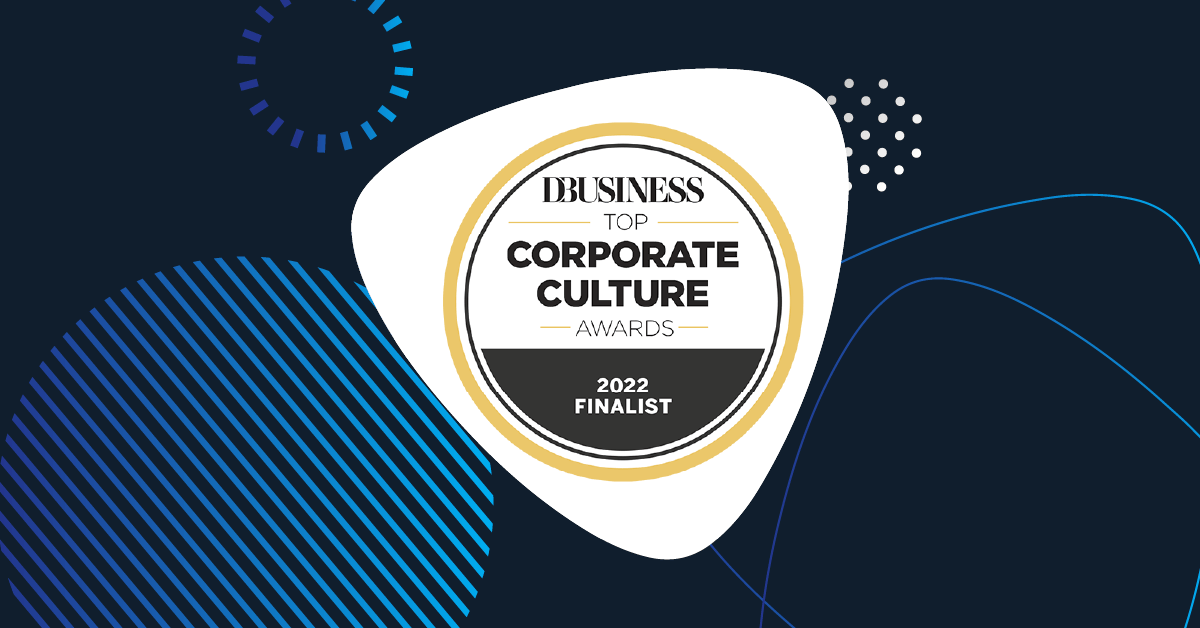 DBusiness 2022 Top Corporate Culture Awards Finalist badge centered on a dark background with abstract geometric design elements.