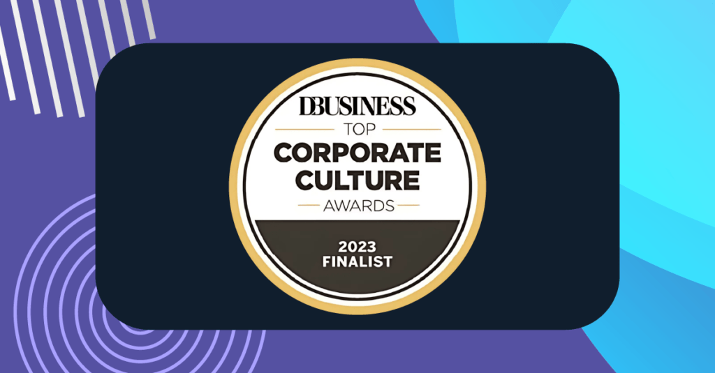 DBusiness 2023 Top Corporate Culture Awards Finalist badge centered on a dark background with colorful graphic elements.