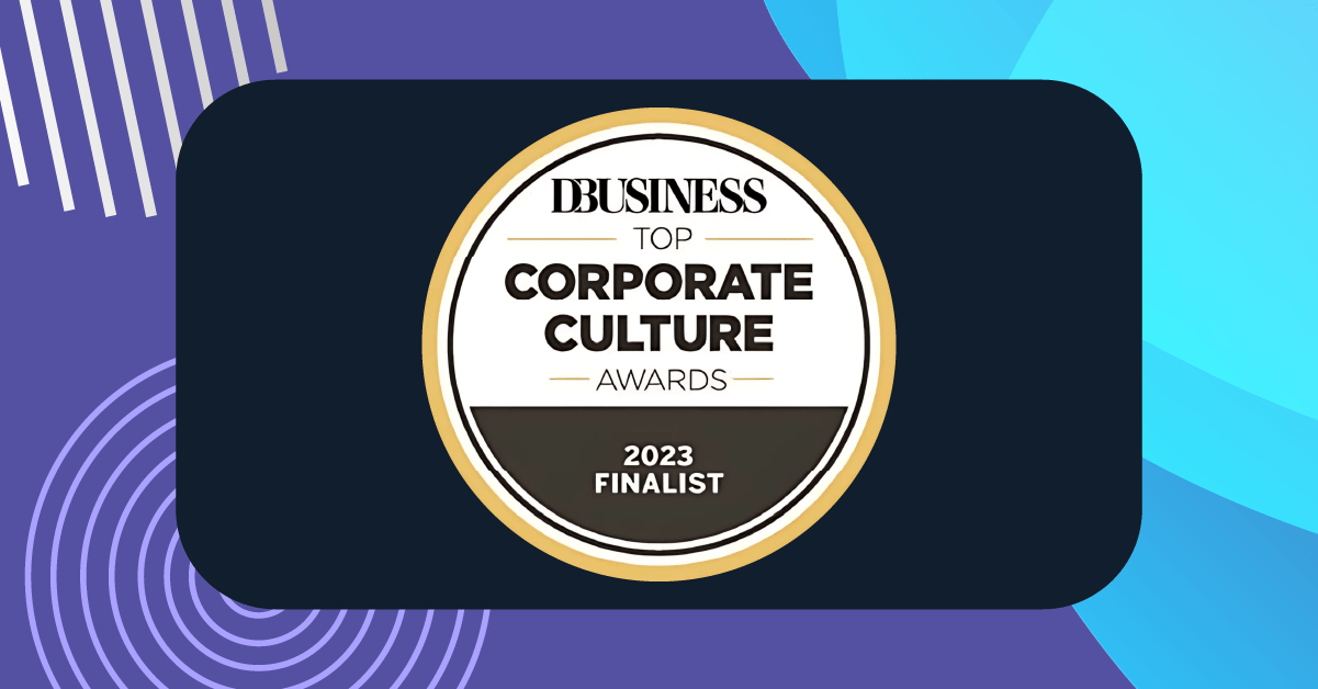 DBusiness 2023 Top Corporate Culture Awards Finalist badge centered on a dark background with colorful graphic elements.