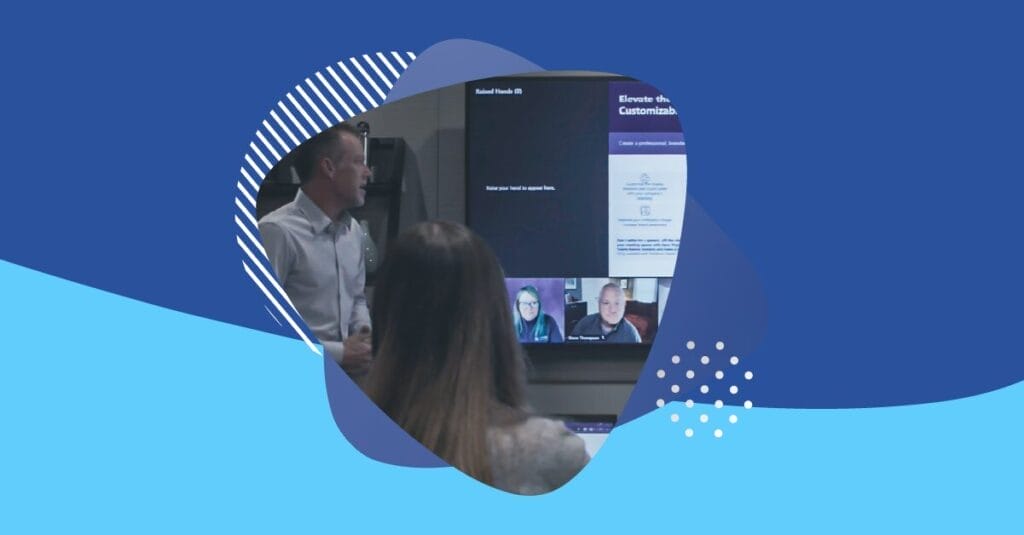 Apex Digital team in a Microsoft Teams Rooms meeting with remote participants on screen, showcasing Jabra and Jupiter Systems technology in use.