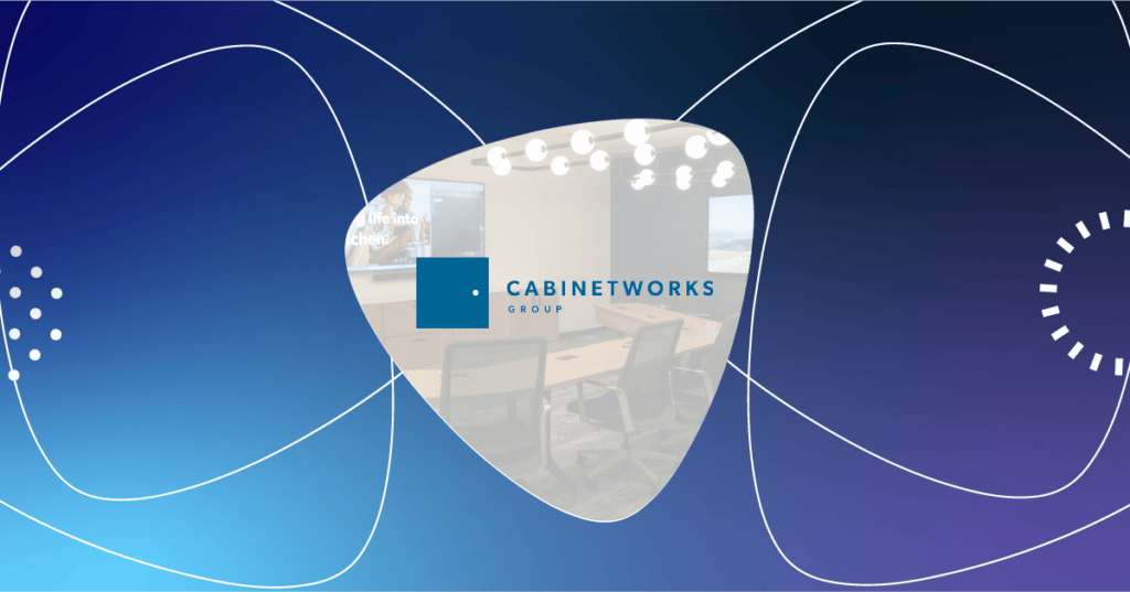 Cabinetworks Group logo overlaid on a modern conference room equipped with a Microsoft Teams Rooms setup.