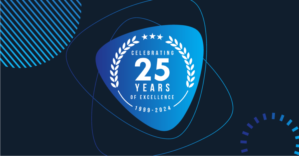 Apex Digital Solutions nonprofit grant announcement with the 25 Years in Service emblem