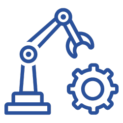 Icon of a robotic arm interacting with a gear, representing modern manufacturing and automation.