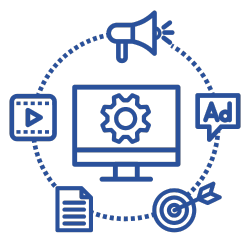 Icon of a computer screen surrounded by media elements like a megaphone, play button, ad box, document, and target, representing digital marketing and media.