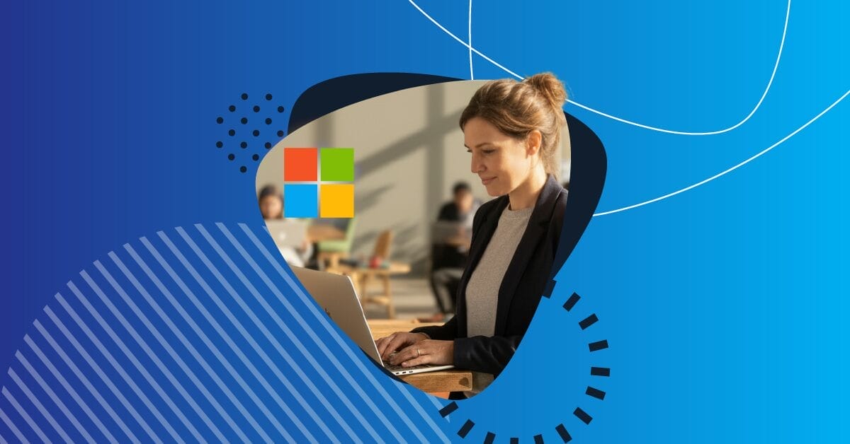 Nonprofit professional working on a laptop with the Microsoft logo displayed, representing access to Microsoft tools, licensing discounts, Azure credits, and training opportunities for nonprofits.