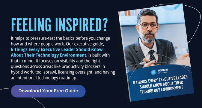 Feeling inspired?
It helps to pressure-test the basics before you change how and where people work. Our executive guide, 6 Things Every Executive Leader Should Know About Their Technology Environment, is built with that in mind. It focuses on visibility and the right questions across areas like productivity blockers in hybrid work, tool sprawl, licensing oversight, and having an intentional technology roadmap.
